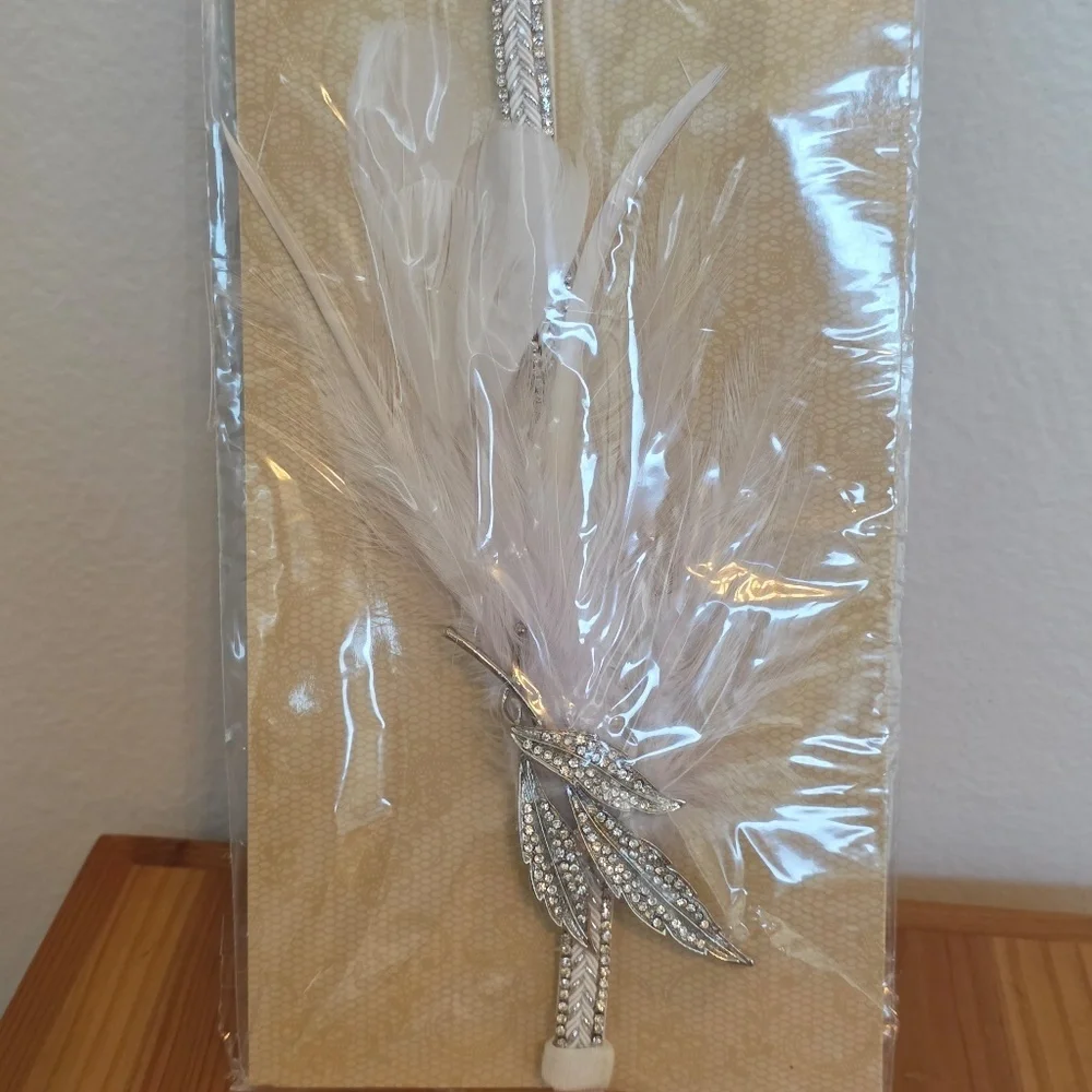 White Feather Headband w/Rhinestone Leaf - NWT